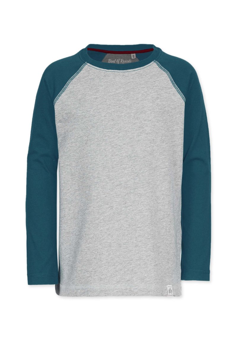 Langærmet T-shirt i grå med teal raglanærmer, med en rund halsudskæring og sidelabel. Bomuldsblanding med en glat tekstur.