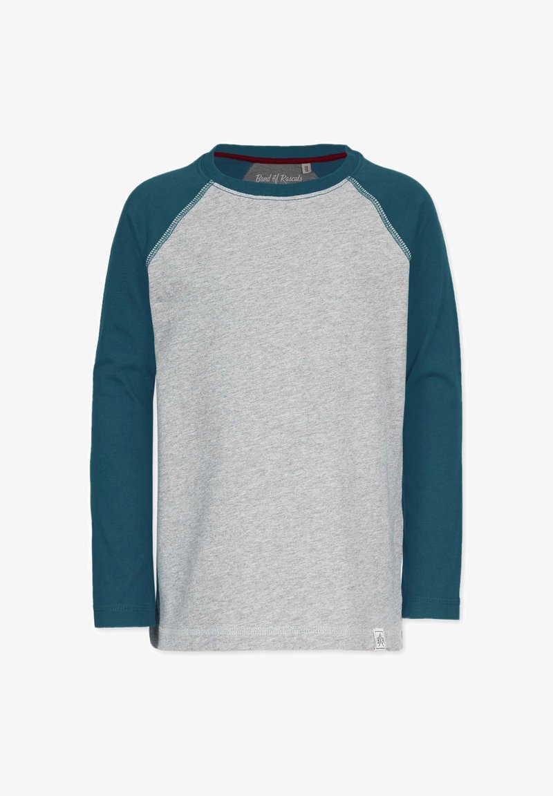 Langærmet T-shirt i grå med teal raglanærmer, med en rund halsudskæring og sidelabel. Bomuldsblanding med en glat tekstur.