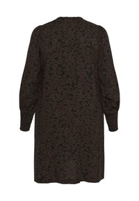 Šaty s dlhým rukávom v tmavo hnedej farbe s kvetinovým vzorom. Má skladané zápästia a okrúhly výstrih. Vyrobené z ľahkej tkaniny.
