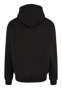 Sweat à capuche noir avec manches longues, poignets et ceinture côtelés, vu de dos sur fond blanc.