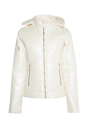 Puffermantel aus glänzendem Creme-Stoff mit Kapuze. Verfügt über goldene Reißverschlüsse, Seitentaschen und ein Rautenmuster.