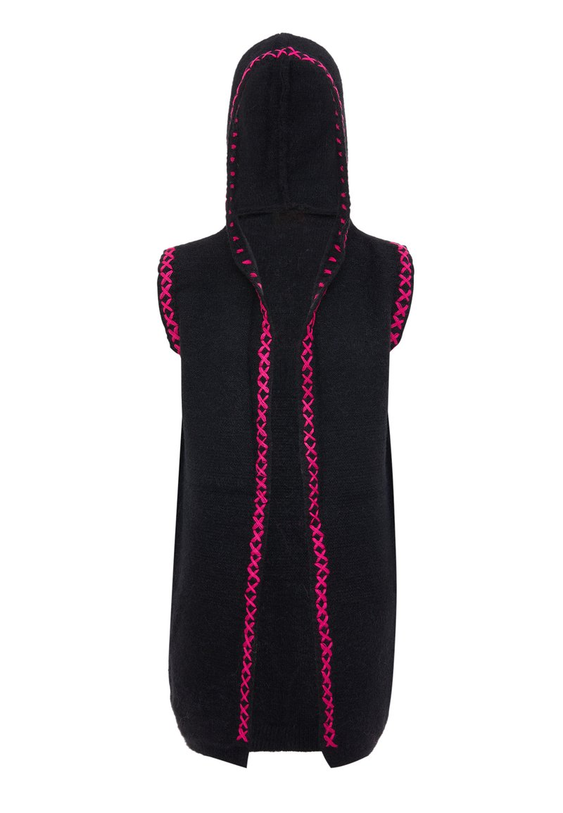 Hanorac negru fără mâneci, cu deschidere frontală și accente brodate roz pe margini și glugă. Textură moale, design casual.