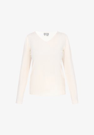 Top de manga larga en color crema con escote en V, confeccionado en una tela suave. Presenta un corte ajustado y una textura lisa, con un diseño sencillo y sin patrones visibles.