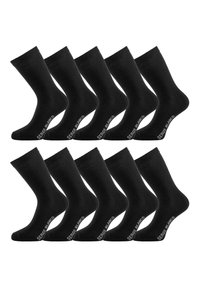 Dix paires de chaussettes noires mi-mollet disposées en deux rangées, chacune avec le texte blanc "SERGE BLANCO" sur la semelle.