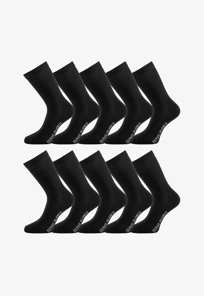 Dix paires de chaussettes noires mi-mollet disposées en deux rangées, chacune avec le texte blanc "SERGE BLANCO" sur la semelle.