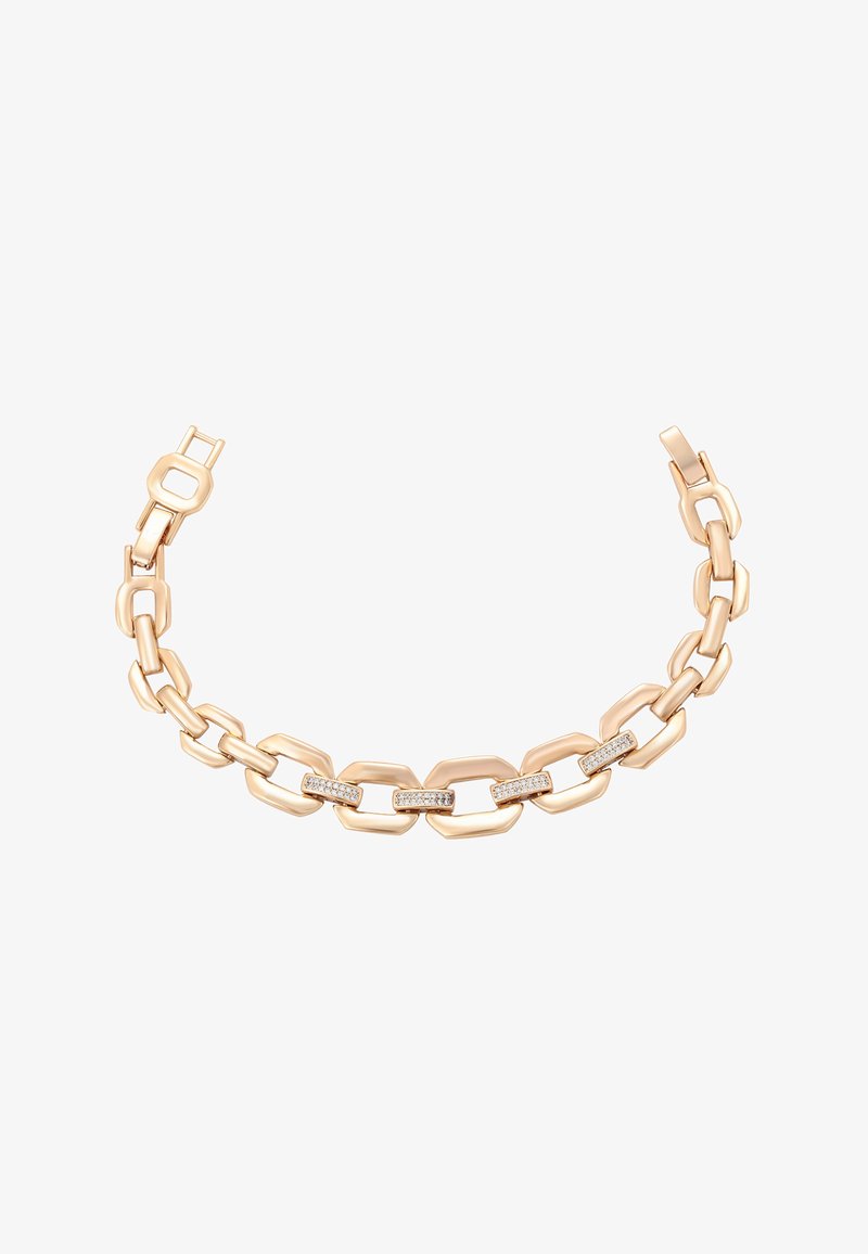 Arany lánc karkötő téglalap és nyolcszögletű láncszemekből, középen négy kis, gyémánttal díszített láncszemmel.