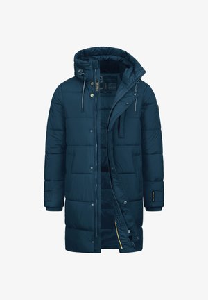 Granatowa kurtka puchowa z kapturem, zapięcie na napy i zamek błyskawiczny, pikowany wzór oraz dwie boczne kieszenie. Elastyczne mankiety i akcent z logo na rękawie.