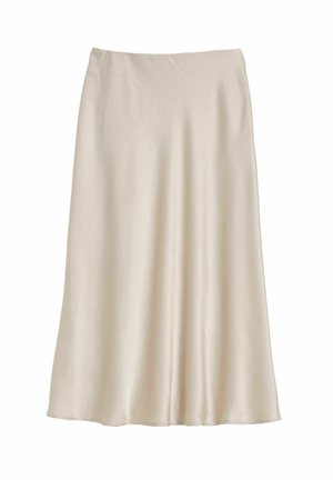 Crème-kleurige satijnen rok met een vloeiende silhouet. Beschikt over een gladde textuur en een elastische tailleband voor comfort. Geen aanvullende details.