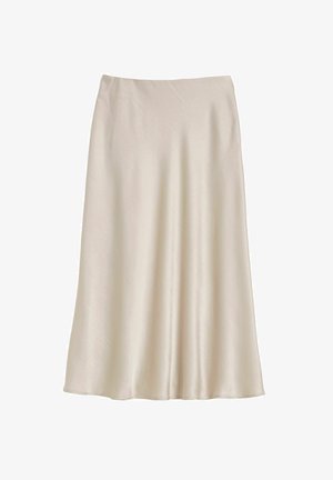 Crème-kleurige satijnen rok met een vloeiende silhouet. Beschikt over een gladde textuur en een elastische tailleband voor comfort. Geen aanvullende details.