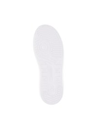 Suola di sneaker bianca con un motivo a trama testurizzata e un accento circolare, caratterizzata da scanalature e dettagli di branding. Materiale liscio, simile alla gomma.