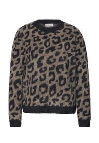 Maglione con stampa leopardata in tessuto soffice, caratterizzato da scollo rotondo, maniche lunghe e polsini e orlo a coste neri. Il colore di base è beige.