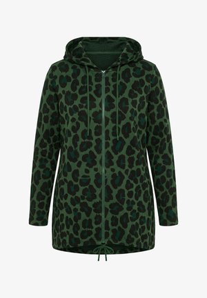 Zelená bunda s kapucí na zip s černým a tmavě zeleným leopardím vzorem a šňůrkami na kapuci a spodním lemu.
