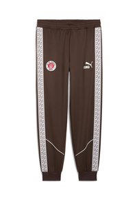 Brune sportbukser med hvide side striber med et geometrisk mønster. Inkluderer logoer: FC St. Pauli og Puma. Elastisk talje med manchetter.