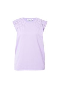 Lilafarbendes T-Shirt mit kurzen Ärmeln, aus weichem Baumwollmaterial, mit lockerer Passform und verziert mit dekorativen Nieten entlang der Schulternaht.