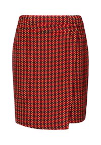 Rood en zwart geruite mini rok met een textuur, met een rechte silouet en een zijsplit voor extra detail.