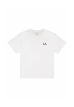 Biała bawełniana koszulka z krótkim rękawem, dekoltem typu crew i małym niebieskim logo „Lee” na lewej piersi.