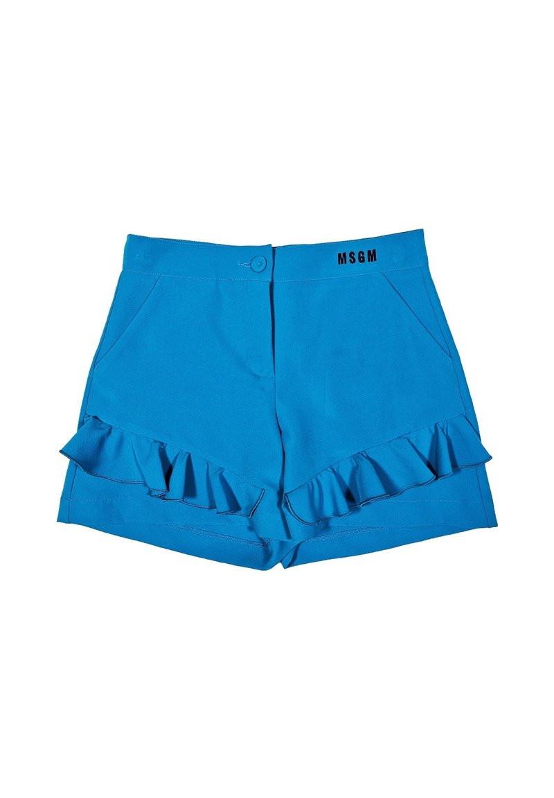 Pantaloni blu con orlo arricciato, dotati di chiusura frontale con bottone e tasche laterali. Realizzati in un tessuto morbido. Logo del marchio sulla vita.