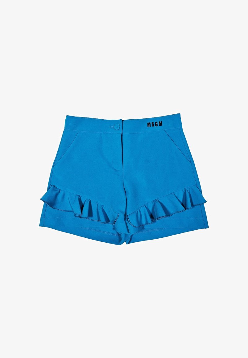 Pantaloni blu con orlo arricciato, dotati di chiusura frontale con bottone e tasche laterali. Realizzati in un tessuto morbido. Logo del marchio sulla vita.