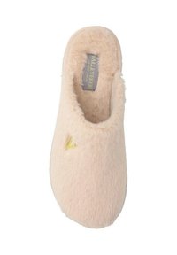 Pantofole rosa fuzzy caratterizzate da una texture morbida, una forma arrotondata e un dettaglio giallo ricamato. Fodera interna in peluche per un comfort ottimale.