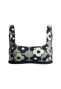 Bikini top s kvetinovým vzorom na námorníckej modrej farbe, so svetlozelenými a čiernymi kvetmi, štvrtkovými popruhmi a pevným podprsenkovým pásom pre podporu.