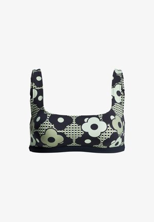 Floral print bikini top featuring a navy background, light green and black flowers, square straps, and a sturdy underband for support.