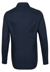 Donkerblauw overhemd met lange mouwen, voorzien van een klassieke kraag, knoopmanchetten en een gladde, geweven textuur met een getailleerde snit.