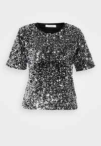 T-shirt noir à manches courtes recouvert de paillettes argentées brillantes, avec un col rond et une finition textile lisse. Étiquette visible au niveau du col.