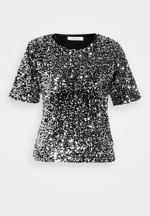 Black short-sleeve t-shirt covered in shiny silver sequins, featuring a crew neck and a smooth textile finish. Label visible at neckline.