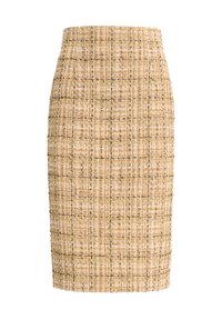 Jupe crayon longueur genou en tissu beige texturé présentant un motif à carreaux avec des accents marron et blanc. Ceinture unie.