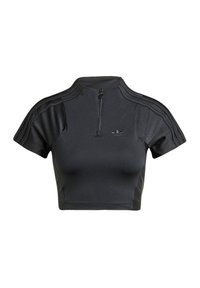 Black cropped athletic top made from textured fabric. Features a high collar, zip closure, and three stripe design on the shoulders.