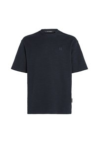 Navy-blaues Kurzarmhemd aus strukturiertem Stoff mit Rundhalsausschnitt und kleinem Logo auf der Brust. Gerader Schnitt ohne zusätzliche Details.