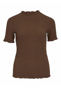 Haut marron à manches courtes avec un tissu texturé, dotée d'un col montant et d'un ourlet festonné ainsi que des bords de manches.