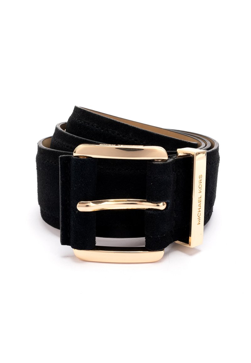 Black suede belt with a smooth gold-tone buckle. The design features a classic shape and branding detail on the buckle.