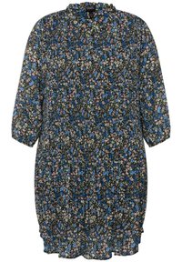 Black floral dress with blue and pink patterns, short sleeves, ruffled neckline, and gathered waist for a relaxed fit.