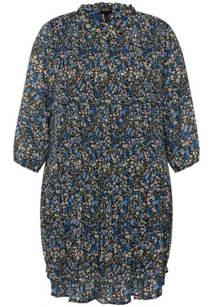 Schwarzes Blumenkleid mit blauen und pinken Mustern, kurzen Ärmeln, Rüschenausschnitt und gerafftem Taillenbereich für eine lässige Passform.