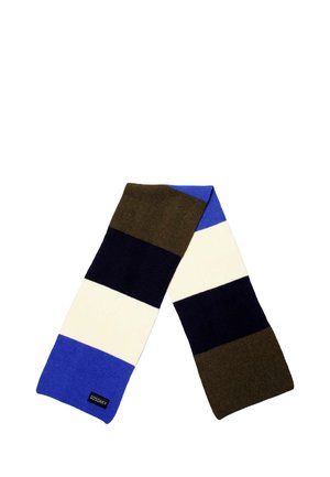 Sciarpa multicolore con strisce orizzontali in blu, crema, blu navy e verde oliva. Morbida al tatto con un'etichetta del logo su un'estremità.