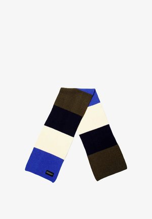 Multikleurige sjaal met horizontale strepen in blauw, roomkleur, marineblauw en olijfgroen. Zachte textuur met een merklabel aan één uiteinde.
