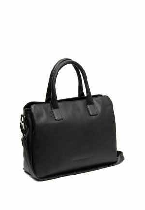 Black leather tote bag with dual top handles, a detachable shoulder strap, and smooth texture. Features minimalistic design and subtle branding.