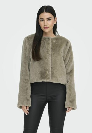 Afgekorte faux fur jas in licht olijfgroen, met lange mouwen, een ronde halslijn en een zachte, gestructureerde afwerking. Gecombineerd met zwarte broek.