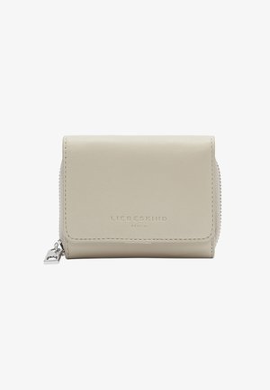 Portefeuille en cuir beige avec une texture lisse, équipé d'une fermeture éclair, d'un logo embossé et de bords cousus pour une durabilité accrue. Design rectangulaire compact.