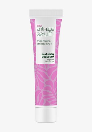 Tube de sérum anti-âge multi-peptides à la vitamine B12 d'Australian Bodycare, avec motif de feuille rose et bouchon à vis blanc.