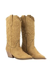 Botas de cowboy de ante color beige con punta afilada, costuras decorativas y cremallera lateral. Presentan un tacón de madera apilada y tiradores.
