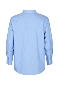 Camicia a maniche lunghe a righe blu chiaro con colletto, orlo arrotondato e polsini con bottone. Realizzata in un tessuto liscio e tessuto.