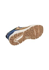 Scarpa sportiva multicolore con tomaia in suede beige e rete blu, caratterizzata da una suola in gomma marrone con texture e dettagli bianchi.