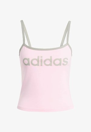 Hele roosa tank top hallide ääred ja reguleeritavad spagett-rihmad, millel on suur keskel hall "adidas" logo. Puuvillane materjal.