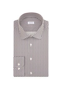 Camicia a maniche lunghe in tessuto bianco con un motivo geometrico multicolore, colletto classico e chiusura button-up con una tasca sul petto.