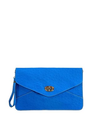Sac à main en cuir bleu avec texture embossée, fermoir métallique et accents de couture. Il dispose d'une bandoulière et d'un rabat de style enveloppe.