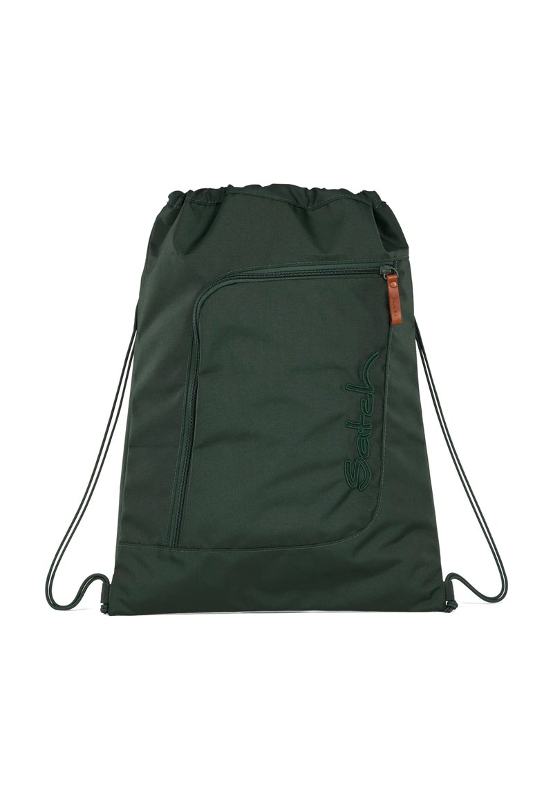 Dark green drawstring backpack made of textured fabric, featuring a zippered pocket and embossed logo on the front, with sturdy cords.