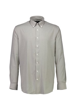 Lichtgrijze button-up shirt met kleine horizontale strepen, lange mouwen, een klassieke kraag en witte knopen. Zachte stof met een gladde textuur.