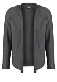 Ciemnoszary otwarty kardigan z kapturem i długimi rękawami, wykonany z miękkiej dzianiny, rozmiar średni.